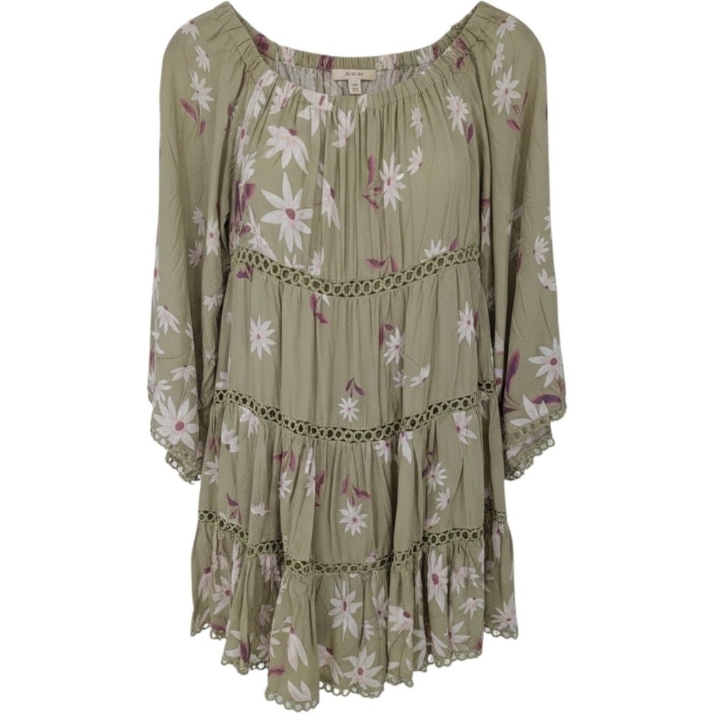 JAASE Mini Dress Women Medium Green Floral Tiered Bell Sleeve Boho Rayon Flowy